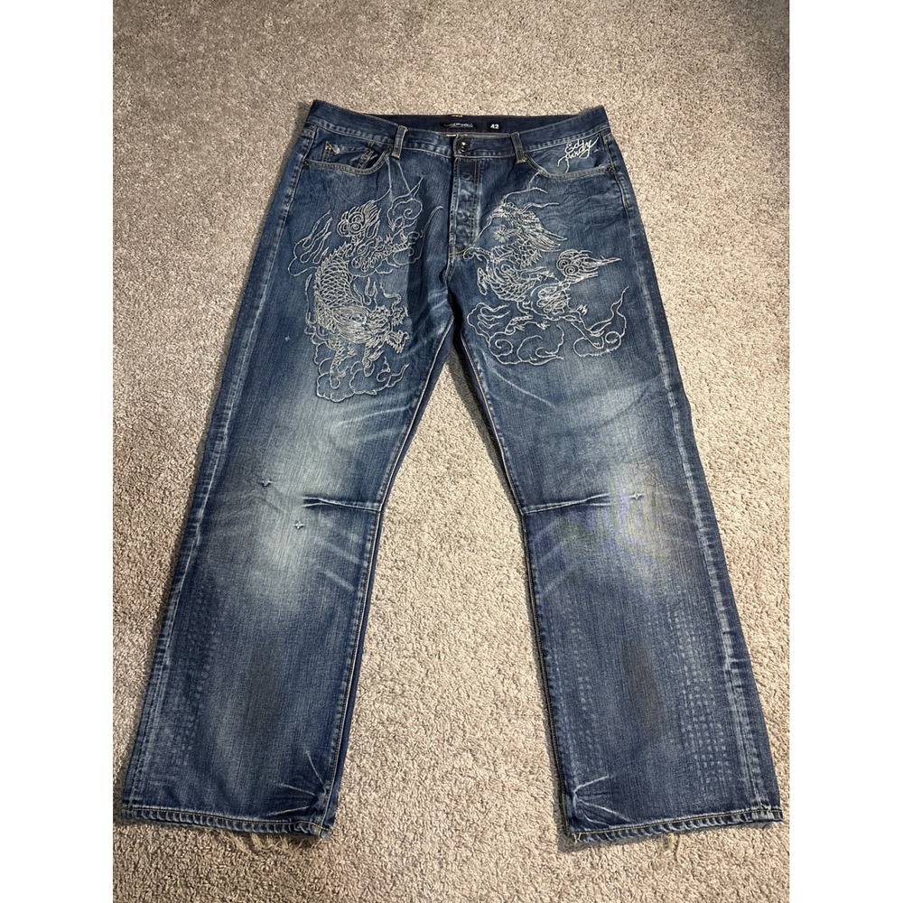 Vintage Ed Hardy Christian Audigier Mens Dragon Embroidered Jeans 42x32 Dark